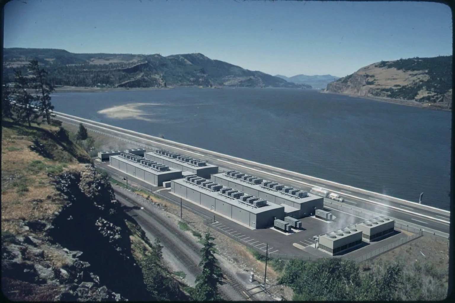 Illustrative Columbia River Gorge scene with data center buildings along the river