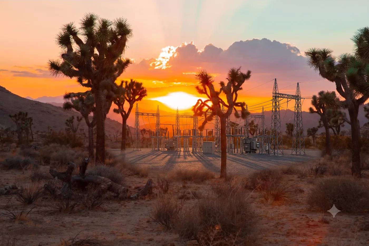 Illustrative Joshua Tree desert scene with large-scale energy and industrial development