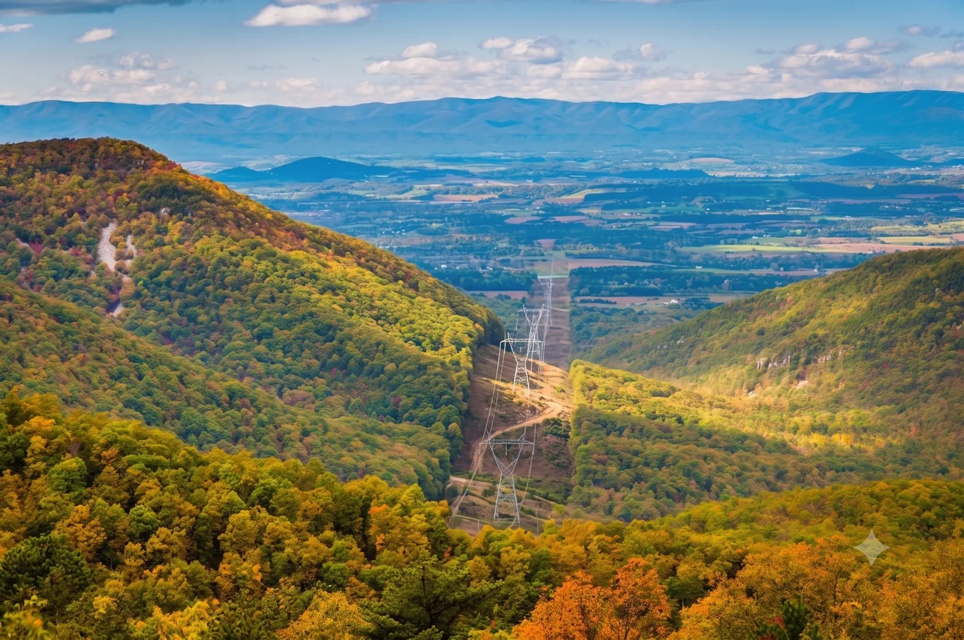 Illustrative Shenandoah Valley scene with a cleared power line corridor running through forest